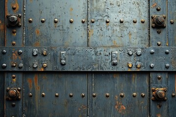 A textured metal door with many rivets and bolts is displayed