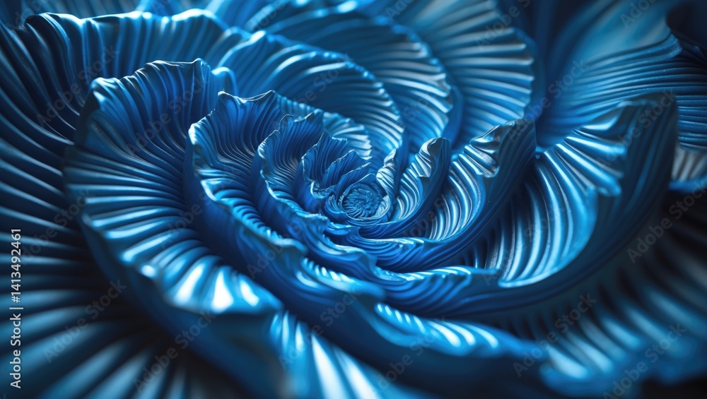 Poster a stunning snowflake-inspired design forms in icy blue, featuring layered and complex ridges that sp