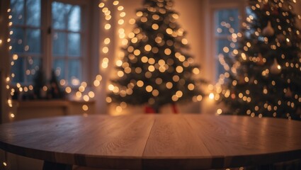 A wooden table showcasing products with a festive backdrop of trees and fairy lights.