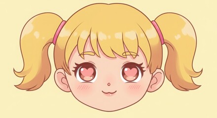 Obraz premium Good anime character emotions. Cute cartoon girl with heart eyes smiling on yellow background