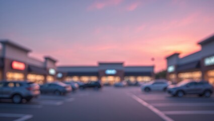 Faded view of vacant parking areas at a contemporary shopping center during sunset.