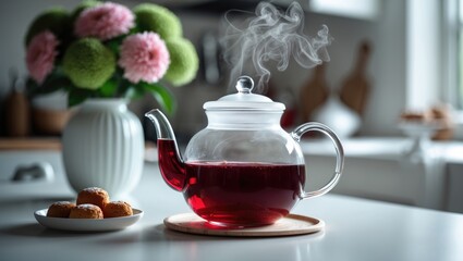 Fototapeta premium On a white kitchen table, a glass teapot with tea and dessert is showcased against a kitchen interior backdrop.