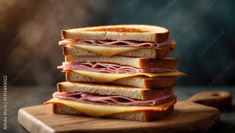 Poster an appealing setup of ham and cheese sandwiches sliced in half and positioned upright on a table wit