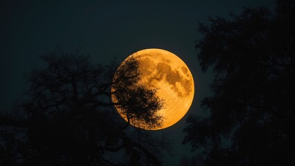 Fototapeta premium An illuminated orange moon casts a silhouette of an oak tree.