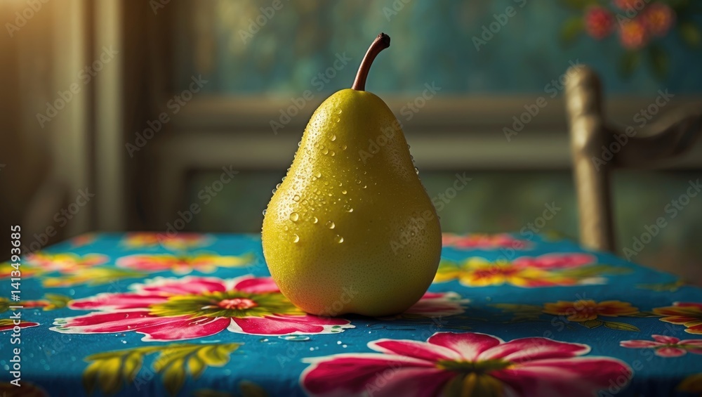 Poster the image features a ripe pear set upon a tablecloth that is laid out on the table, highlighting the