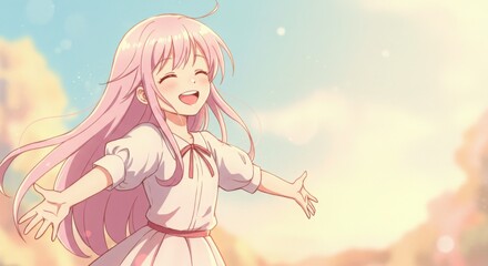 Good anime character emotions. Happy girl with pink hair enjoying nature