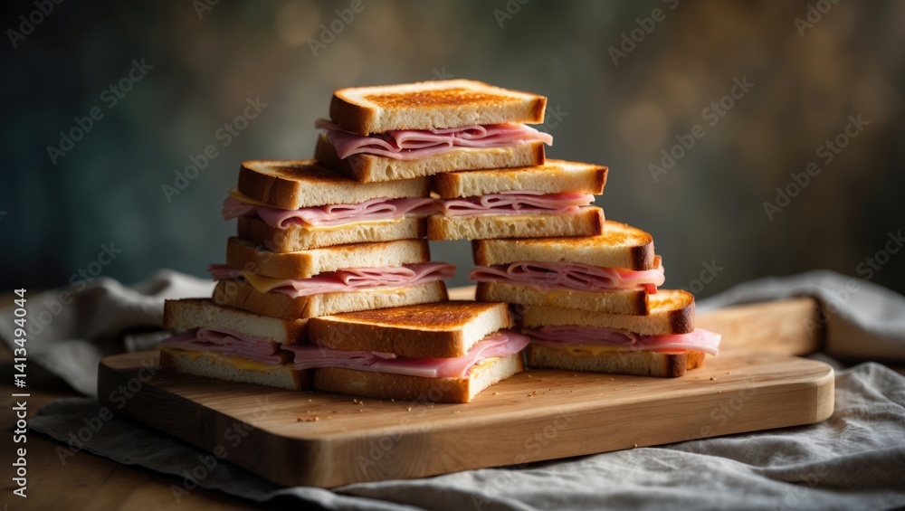 Poster a pleasing display of ham and cheese sandwiches halved and arranged vertically on a table with a bac
