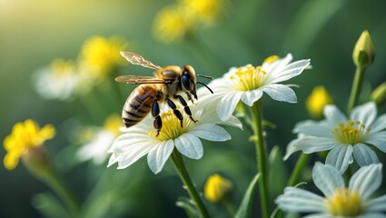 Pollinator on Queen Anne's Lace flower featuring detailed petals and pollen in a softly blurred green setting, highlighting nature, insects, wildflowers, and the spring season.