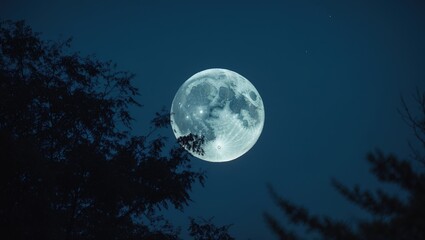 Fototapeta premium The sky showcases a full moon, nestled among tree branches