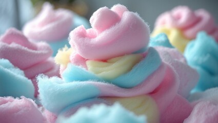 Close-up view of colorful sweet cotton candy backdrop