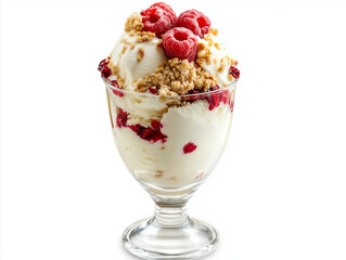 Delicious ice cream sundae with fresh raspberries and crumble topping