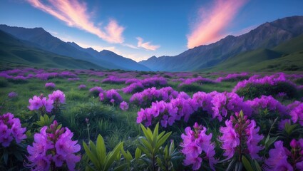 Mountains meadow adorned with Rhododendron flowers. Foreground illuminated by purple light. Landscape photography