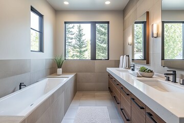 Fototapeta premium A modern bathroom with a large window and neutral colors