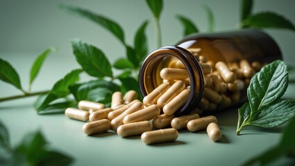 Herbal capsules from alternative medicine spilled from a glass bottle with a fresh organic plant leaf in the background. Natural herbs and homeopathic supplements for health. Close up.