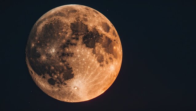Close-up of a red full moon illuminated in a clear sky, photographed from the surface using a long telephoto lens against a dark sky.