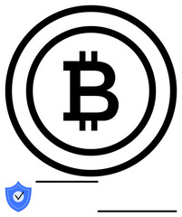 Bitcoin symbol in bold within circular lines beside a check-marked shield for security. Ideal for cryptocurrency, blockchain, trust, digital finance, fintech, banking, simple landing page