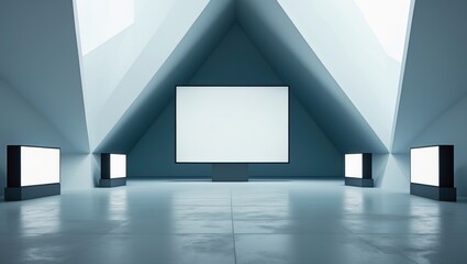 A projection screen alongside two TVs at the exhibition