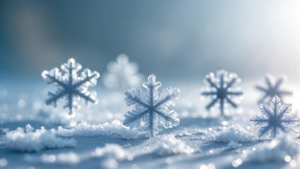 Fragile hoarfrost snowflakes shimmer in gentle sunlight, revealing detailed designs and frosty elegance.