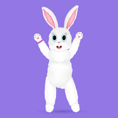 Adorable white bunny 3D character with big blue eyes, pink ears, smiling, and raised paws, standing on a purple background. Perfect for holiday greetings and festive designs.