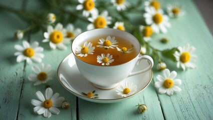 A chamomile tea cup set against a floral backdrop with empty space