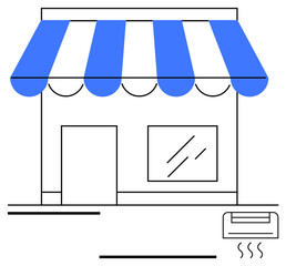 Shopfront with blue-striped awning, glass window, air conditioning unit. Ideal for retail, entrepreneurship, community, urban planning, commerce, local business promotion simple landing page