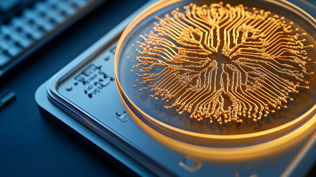 Detailed macro view of petri dish with bacteria spreading in artistic circular patterns, illuminated by white light, sterile surface below, sharp stock-quality microbiological image
