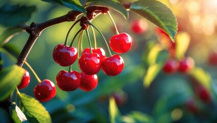 Red berries from a sweet cherry tree branch in an orchard, focused closely against a backdrop of green leaves.