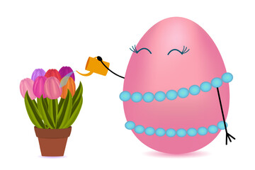 Adorable Anthropomorphic 3D character pink Easter egg with blue beads decorations watering colorful spring tulips in a pot from a watering can on a white background. Vector drawing.
