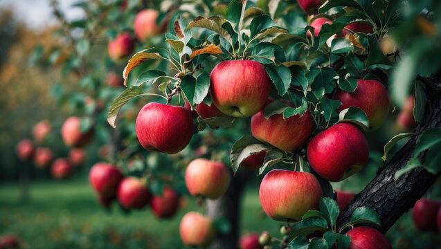 Crimson apple variety on the bearing tree - malus Domestica within the forest garden.