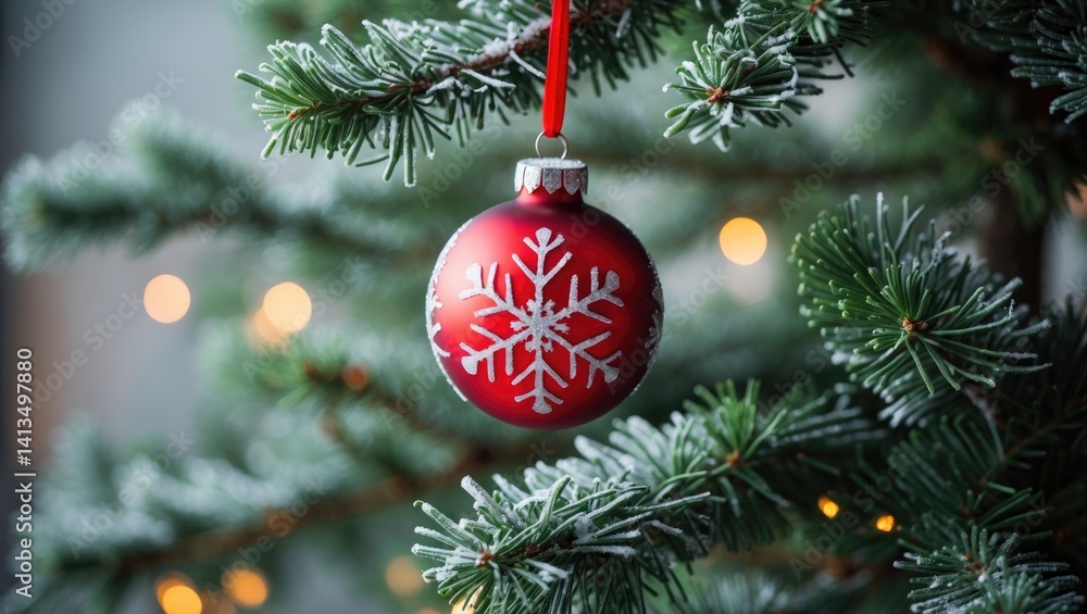 Aufkleber a frosty branch holds a red bauble adorned with a snowflake design.