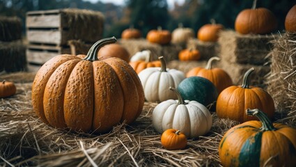 An enchanting fall arrangement presents a collection of pumpkins and gourds on hay, reflecting the essence of the harvest time.