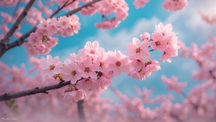 Sakura blooms in pink, cherry blossoms flourishing in the sky, detailed view of cherry blossoms