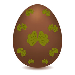 3D chocolate colored Easter egg decorated with green bows on a white background. Vector color drawing. Perfect for holiday greetings and festive designs.