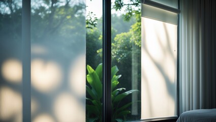 Fototapeta premium White Roller Blinds for the glass window, Sunscreen.