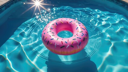 Inflatable pink donut pool float in a swimming pool