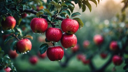 Obraz premium Red apples hanging from tree branches