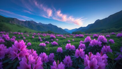 Obraz premium Meadow in the mountains blanketed with Rhododendron blooms. Purple light shining in the foreground. Landscape photography