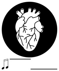 Anatomical heart in bold black and white within a circular frame, paired with minimalist music notes. Ideal for art, creativity, health, balance, sound, science, and simple landing page