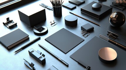 Organized, modern black office supplies on a sleek surface.  Geometric shapes and stationery items arranged in a structured layout.  Dark, stylish presentation.