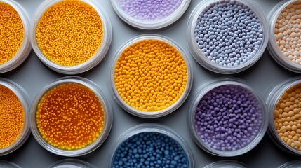 Bright flat lay of bacterial culture experiment in a clinical lab, vibrant microbial colonies in yellow and purple, arranged precisely in clear petri dishes, sterile and symmetrical lab layout