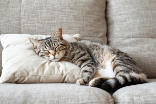 Tabby cat sleeping on couch in cozy home environment
