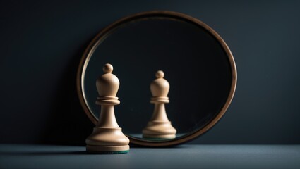 Pawn perceiving itself as a queen, chess piece reflected in a mirror. Self-evaluation, alter ego, genuine identity ideas