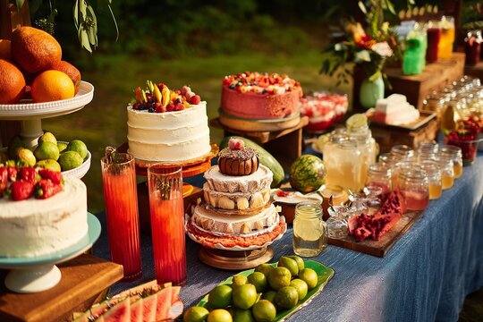 Display of cakes fruits and drinks on a table at an outdoor event with a blurred background scene view