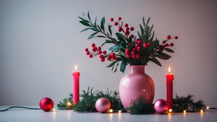Interior with pink Christmas decorations and burning candles