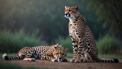 Obraz premium A stunning cheetah keeps watch while another relaxes.
