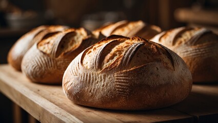 Close-up of round bread. Freshly baked sourdough with a golden crust. Pastry goods.