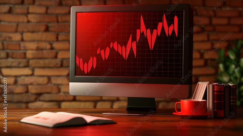 Poster a closeup view of a wooden desk highlighting a book and a downwards red forex chart on a computer sc