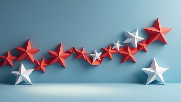 Blue backdrop with arranged paper star row and upward arrow, highlighting exceptional service concept.