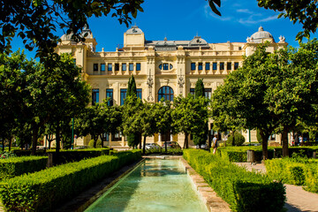 Fountain in Pedro Luis Alonso Gardensand the Malaga City Hall, Malaga, Spain.