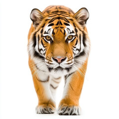 Obraz premium A majestic tiger stands poised and strong, showcasing its fierce beauty against a white backdrop.